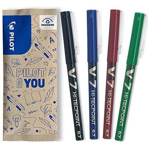 Pilot - Set van 4 V7 - rollerball met medium naaldpunt - Soepel en nauwkeurig schrijven (punt 0,7 mm) - Sneldrogend, lekvrij - Zwart, Blauw, Rood, Groen - Medium Punt