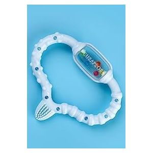 Curaprox Anneau de dentition pour bébé bleu, anneau de dentition avec hochet, anneau de dentition pour bébé avec brosse à dents d'apprentissage, anneau de dentition pour bébé, sans BPA, bleu, 1 pièce