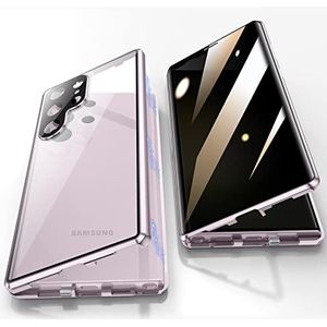 Jonwelsy Beschermhoes voor Samsung Galaxy S23 Ultra, 360 graden bescherming, gehard glas, spatwaterdicht, sterke magnetische adsorptie, metalen frame, paars