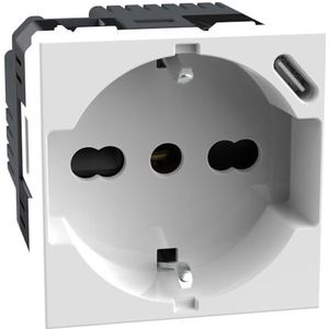 BTICINO MatixGO Italiaanse Schuko stopcontact P40 + USB Type C oplader, Quick Charge, stopcontact met beschermde cellen, compatibel met Italiaans/Schuko-stopcontacten, 2 modules, wit, JW4140A16USB