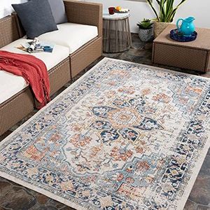 Surya Safi Vintage Outdoortapijt voor tuin, terras, tuin, gemakkelijk te reinigen, groot tapijt, 160 x 213 cm, blauw, roest en beige
