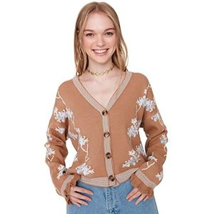 Trendyol Cardigan en tricot à col en V standard pour femme, camel, S