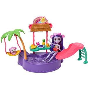 ENCHANTIMALS Zwembadset in apenvorm met pop van 15,3 cm, dierenfiguur, glijbaan, schommel, 12-delig, speelgoed voor kinderen, vanaf 4 jaar, HTW73