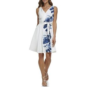 DKNY Sleeveless V-Neck Belted Floral Robe de cocktail pour femme, Ivory/Navy, 44