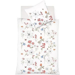 fleuresse 113825 Mako satijnen beddengoed voor de zomer, met bijen, zomerbloemen en bijen, Oeko-Tex®-standaard 100, rood, 155 x 220 cm