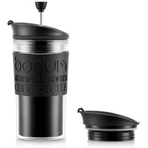 Bodum Travel Press Dubbele Muur Koffiezetapparaat met Plus Deksel, 0.35 Liter Capaciteit, Zwart