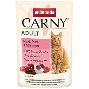 animonda Carny Volwassen kattenvoer, nat voer voor volwassen katten, verse zak, rundvlees, kalkoen + garnalen, 12 x 85 g