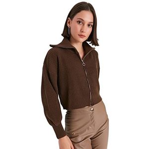 Trendyol Cardigan en Tricot Col Haut Standard pour Femmes Pull, marron foncé, S