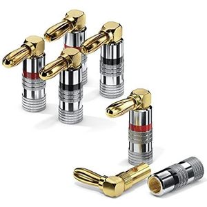 conecto Bananenstekker voor luidsprekerkabel, set van 4, 90° hoekstekker, kleurgecodeerd verguld (2x rood, 2x zwart), 24k verguld