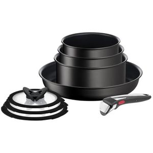 Tefal Ingenio Unlimited On L3959053 Set van 8 stapelbare pannen met afneembare handgreep om ruimte te besparen, inductie, anti-aanbaklaag, zwart