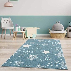 carpet city Kindertapijt - Sterrenmotief - 80 x 150 cm - Blauw - Modern kindertapijt