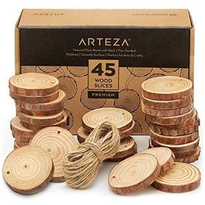 Arteza houten stukken (45 stuks) met onbehandelde natuurlijke grenenschors 2,4""-2,8"" in diameter, prachtig glad oppervlak en 15 m jute touw voor kunst, handwerk, bruiloften, ornamenten, doe-het-zelf