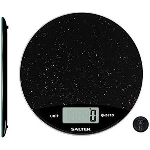 Salter 1009 BKDR Digitale keukenweegschaal, marmereffect, ronde weegschaal, elektronische levensmiddelweegschaal, gemakkelijk te lezen, metrisch en imperiaal, vloeibare metingen, maximale capaciteit 8 kg, zwart