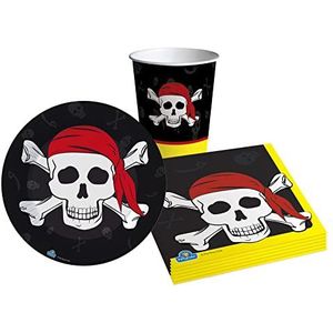 Ciao - Pirate Party servies set voor 8 personen (36 stuks): 8 borden Ø18 cm, 8 glazen, 20 servetten) Eco-Friendly zwart, wit, rood, geel, AZ152