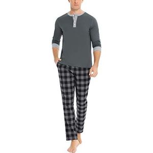 Doaraha Pyjama voor heren, katoen, geruit, nachtkleding, lange mouwen, rasterweefsel, zacht en comfortabel, korte mouwen, T-shirt en broek, 2 stuks, B2-donkergrijs
