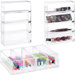 Relaxdays Acryl opbergdoos, 6 x 25 x 17,5 cm, staand formaat, cosmetica-organizer, kantoor, 4 vakken, transparant