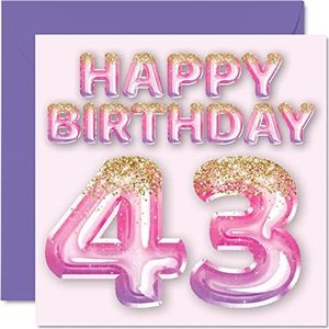 Stuff4 Verjaardagskaart voor vrouwen, 43e verjaardag, roze en paarse glitterballonnen, verjaardagskaarten voor vrouwen van 43 jaar, moeder, neef, vriendin, zus, tante, 145 mm x 145 mm