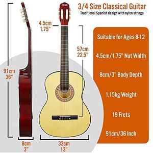 3rd Avenue 3/4 formaat klassieke Spaanse gitaar voor kinderen, beginnerspakket, met nylon snaren - 6 maanden GRATIS lessen, tas, snaren, digitaal stemapparaat - naturel