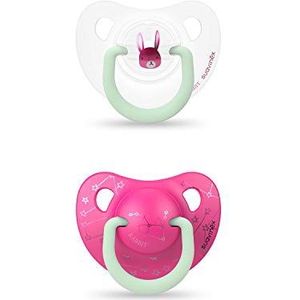 Suavinex, Baby fopspeen set van 2 0-6 maanden met lichtgevende ring anatomisch silicone oplichtend in het donker roze