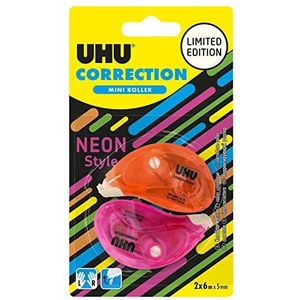 UHU Mini neon correctieroller, snel, schoon en nauwkeurig, wit, set van 2, 6 m x 5 mm