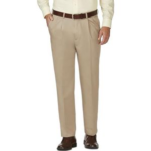 Haggar Broek met geplooide plooien van keperstof zonder strijken, standaard en grote maten, voor het weekend, 2 stuks, met clips, voor heren, kaki, 36 W/32 L, Khaki (stad)