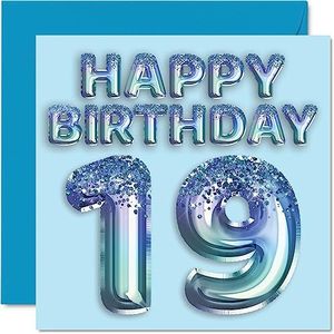 Verjaardagskaart voor heren 19e verjaardag - blauwe glitterballon - verjaardagskaarten voor 19-jarige man, broer, zoon, neef, oom, 145 mm x 145 mm, wenskaarten voor negentiende