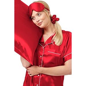 Indigo Sky Katrina 5-delige satijnen pyjamaset voor dames, oogmasker, scrunchie en kussensloop, Spice Red