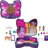 Polly Pocket Glitterstof podiumset, motief: dans, met minifiguren polly en vriendin, 5 verrassingen, 12 accessoires, kinderspeelgoed HCG17