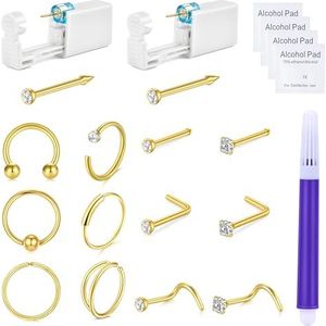 NIUSIMAN Neuspiercing set – wegwerppistool 20 g, steriel en veilig voor zelfboren, met gereedschap en ringen, Roestvrij staal