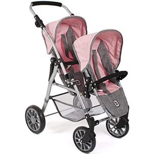 Bayer Chic 2000 - Twinny dubbele kinderwagen, dubbele kinderwagen voor 2 poppen, dubbele kinderwagen voor kinderen van 4 tot 8 jaar, grijs/roze mix