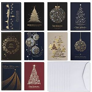 Art Nuvo Exclusieve kerstkaarten – set van 10 kaarten, 120 x 170 mm, golven en kerstfoto's – gemaakt van metaal met inzetstukken en enveloppen, AW06