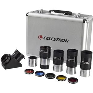 Celestron 94305 2 inch Eyepiece & Filter Kit, 12-delig, met 5 cm schuine verwijzing, hoekadapter, 3 E-lux 2 inch oculair, Barlow 2X lens, 5 gekleurde filters en aluminium koffer, zilver