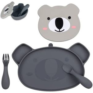 TUM TUM Tafelset voor kinderen, borden met zuignap voor baby's, kom, kinderbestek, 6 m, Kev de Koala, grijs