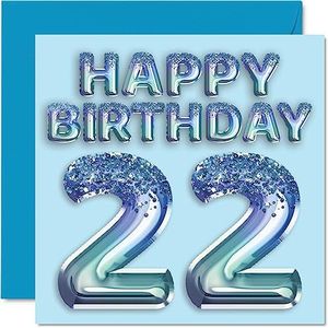 Verjaardagskaart 22e verjaardag heren - feestbal blauw glitter - verjaardagskaarten voor mannen van 22 jaar, broer, zoon, neef, oom, 145 mm x 145 mm