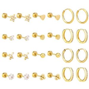 24 stuks oorbellen voor dames van roestvrij staal, oorbellen met platte achterkant, set oorbellen voor kraakbeen, voor meerdere piercings, Roestvrij staal, Geen edelsteen