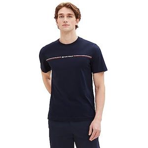 TOM TAILOR Heren T-shirt met strepen en logo, 10668-sky Captain Blue, M, 18623 - Beige Vintage Mix