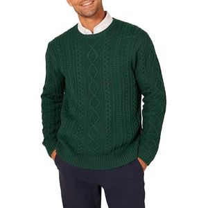 Amazon Essentials Pull à manches longues 100% coton Fisherman et col rond pour homme, vert foncé, taille L