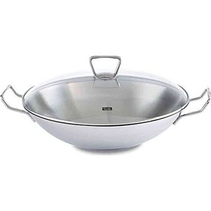 Fissler Kunming Wok van roestvrij staal (Ø 36 cm), grote ongecoate pan, Aziatische pan met glazen deksel, met roosterinzetstuk, alle soorten vuur - inclusief inductie