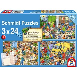 Schmidt Spiele 56417 Waar is de kleine boormachine 3 x 24 delen kinderpuzzel, kleurrijk