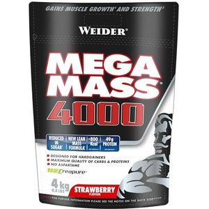 Weider Mega Mass 4000. Goût Vanille. Mélange protéiné pour prise de masse. Avec 3 protéines (lait, lactosérum, blanc d’œuf) et de la créatine. Pauvre en sucres. 4kg