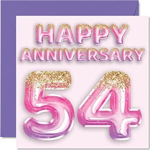 Schattige kaart voor de 54e verjaardag voor vrouwen, vriendin, echtgenoot, vriendin, vriend, glitterballonnen, roze paars, wenskaarten voor de 54e verjaardag van de familie, 145 mm x 145 mm