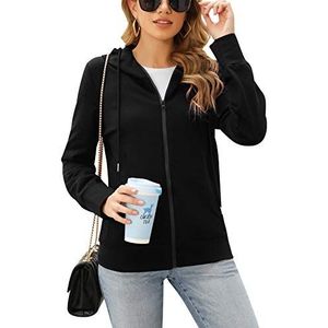 Irevial Sweatshirt voor dames met capuchon en lange mouwen, licht sweatshirt met print en zakken, sportief sweatshirt met klassiek trekkoord, zwart.