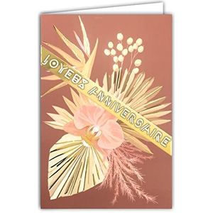 AFIE Kaart ""Happy Birthday"" van goud, glanzend, glinsterend, chic, voor dames – inclusief envelop – boeket van orchideeën, paradijsvogel, roze pampasrood, vrouwelijk, gemaakt in Frankrijk 65-1307