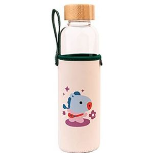 Erik - glazen fles BT21 Mang - inhoud 50 cl | met bamboesluiting en bescherming | incl. neopreen etui met polsband | glazen drinkfles