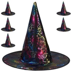 Relaxdays Heksenhoed, set van 6, Halloween-stijl, voor volwassenen, dames, heren, tovenaarshoed voor carnaval, zwart/kleurrijk
