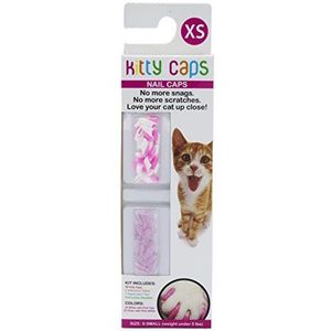 Kitty Caps Petten voor katten, veilig en elegant alternatief voor het verslawen, stoppen van snacks en krassen, XS (minder dan 1,5 kg), wit met roze kant en doorzichtig met roze pailletten