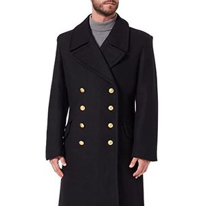 Lange jas, zwart, dubbele rij knopen, marineblauw