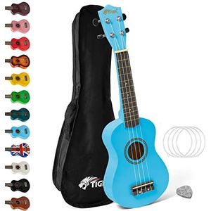 TIGER UKE7-BL Sopraan ukelele voor beginners, met draagtas, vilten plectrum, set reserveringstouwen en met een set Aquila touw - blauw