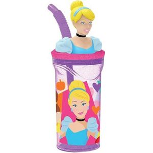 Disney Paars glas voor meisjes, kunststof, prinsessen, Assepoester, Rapunzel, Belle Ariel, 360 ml, met rietje en 3D-figuur
