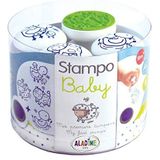 Aladine - Stampo Baby boerderij – stempelset voor kinderen – handmatige activiteiten voor baby's – wasbare inkt – speelgoed en creatieve spelletjes – doos met 4 stempels + grote blauwe inkt inbegrepen